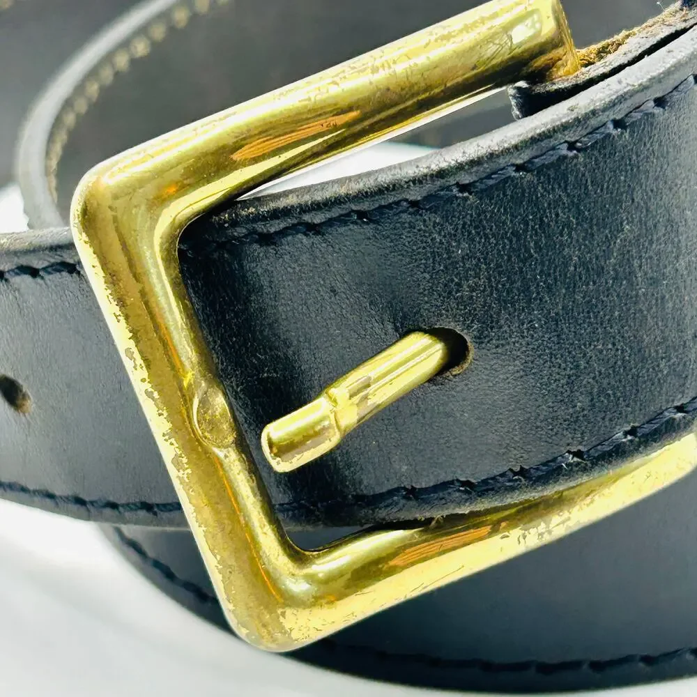 Vintage 90s Guess USA Black Leather Solid Brass Buckle Belt Made in Italy